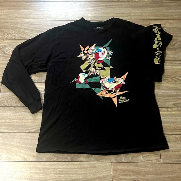 2017 Classic Ren & Stimpy Men’s Black Long-sleeve Graphic Cotton Tee size Large - Picture 1 of 9